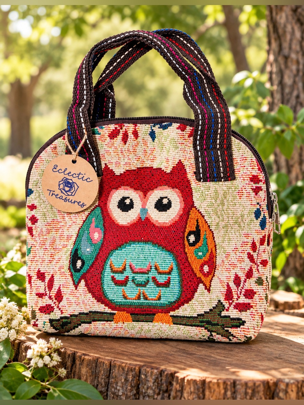 Eclectic Treasures Red Owl Tapestry Tote with Teal & Orange Accents